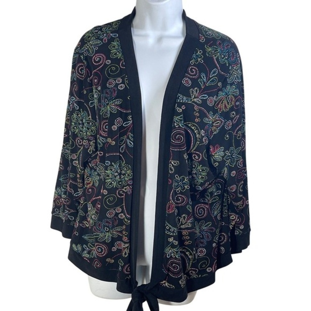 Choices Black Embroidered Tie Front  Cardigan XL vintage whimsical romantic boho